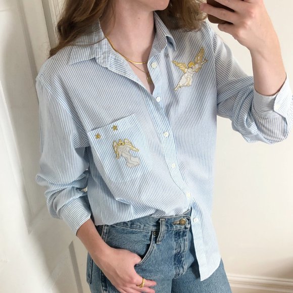 Vintage Angel Star Patch Oversized Button Down Shirt Renaissance Embroidery Cute - Picture 5 of 5